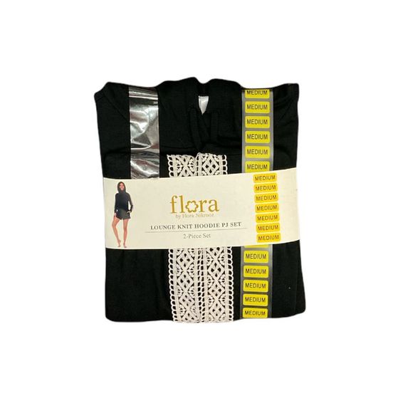 Flora Women's Lounge Brushed Knit Lace Detail Hoodie & Shorts PJ Set - Black - Picture 1 of 1